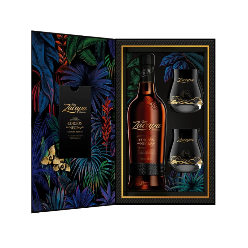 Zacapa Centenario Edicion Negra Sistema Solera Gran Reserva Rum + 2 Glasses Gift Pack 700mL