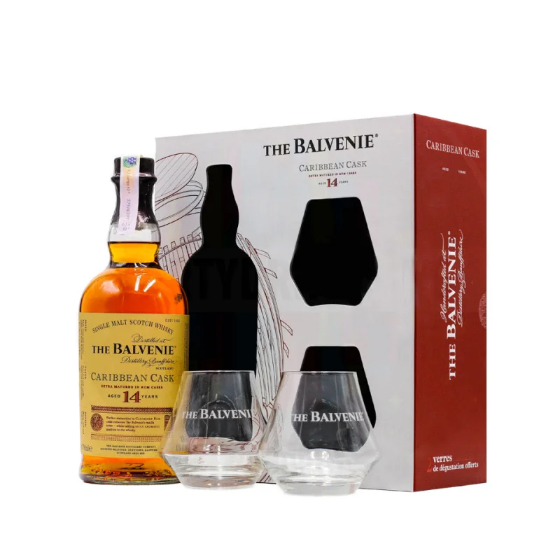 Balvenie 14 Year Old Carribean Cask + 2 Glasses Gift Set Single Malt Scotch Whisky 700mL