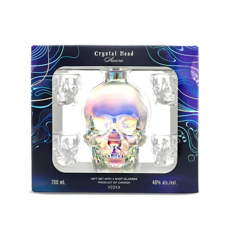 Crystal Head Skull Decanter Aurora + 4 Shot Glasses Gift Set Vodka 700mL