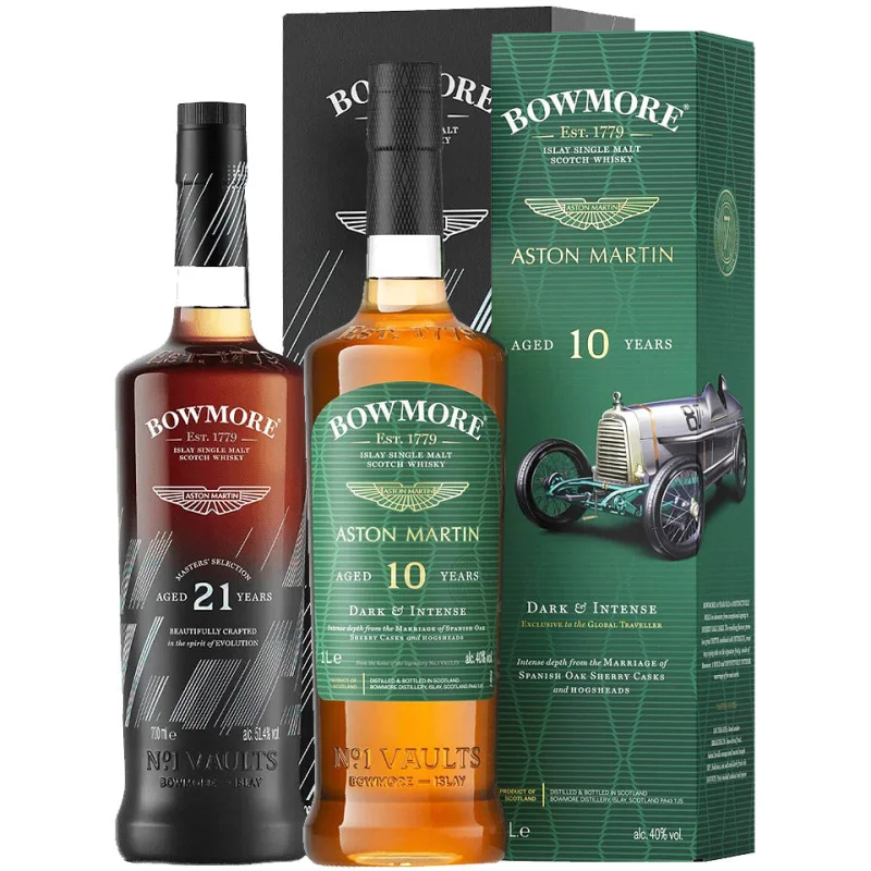 Bowmore 10 + 21 Year Old Aston Martin Editons Bundle Single Malt Scotch Whisky 700mL + 1L